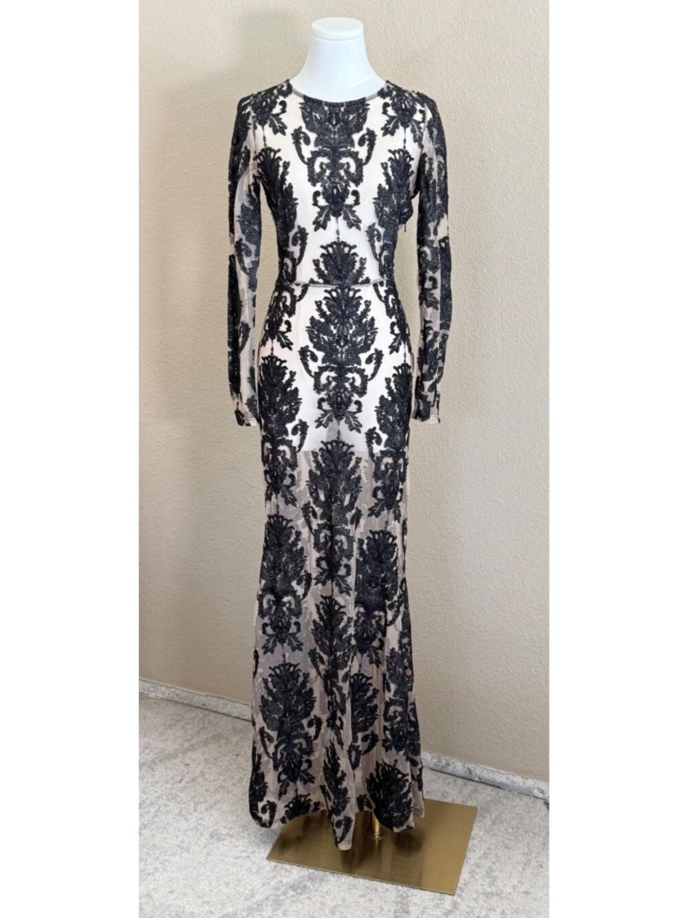 For Love & Lemons Long Sleeve ETHEREAL Baroque Maxi Dress Nude Black